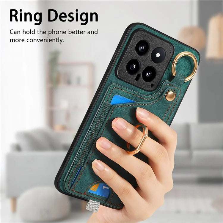 For Xiaomi 14 Case Leather Card Holder Ring Kickstand Back Cover