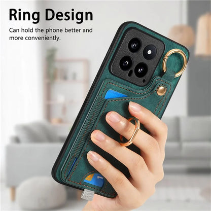 For Xiaomi 14 Case Leather Card Holder Ring Kickstand Back Cover
