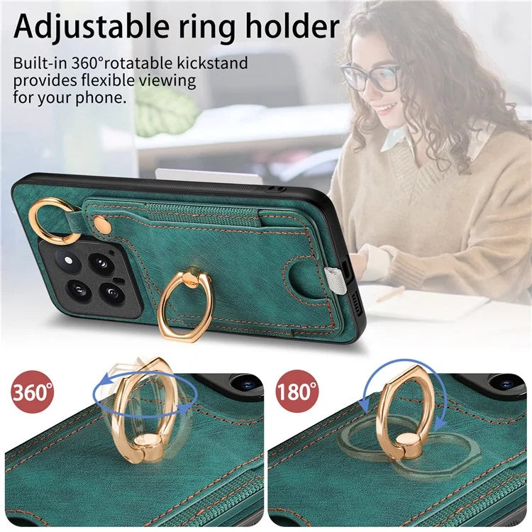 For Xiaomi 14 Case Leather Card Holder Ring Kickstand Back Cover