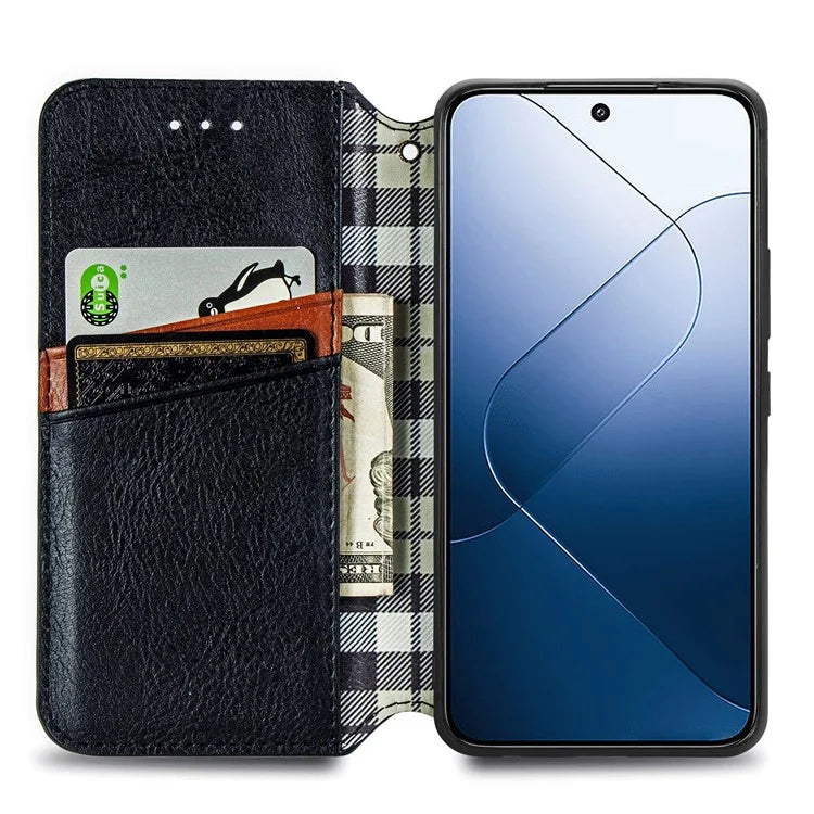 For Xiaomi 14 Magnetic Phone Case Rhombus Pattern Wallet Card Holder Cover