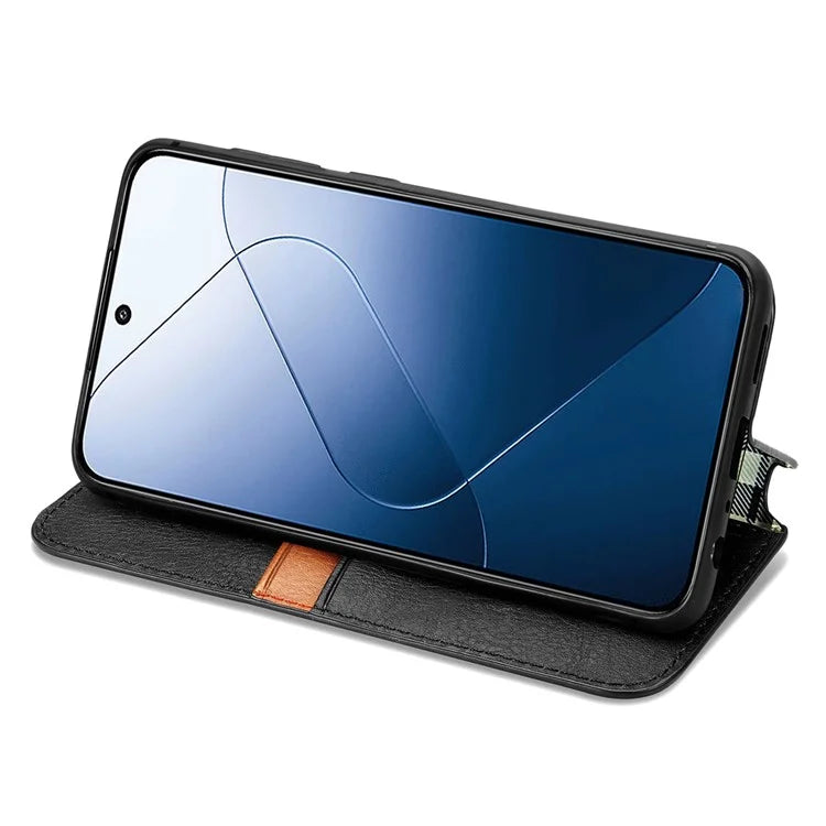 For Xiaomi 14 Magnetic Phone Case Rhombus Pattern Wallet Card Holder Cover
