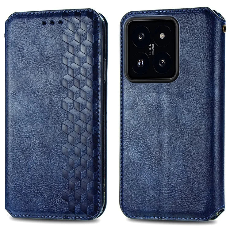 For Xiaomi 14 Magnetic Phone Case Rhombus Pattern Wallet Card Holder Cover
