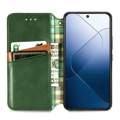 For Xiaomi 14 Magnetic Phone Case Rhombus Pattern Wallet Card Holder Cover
