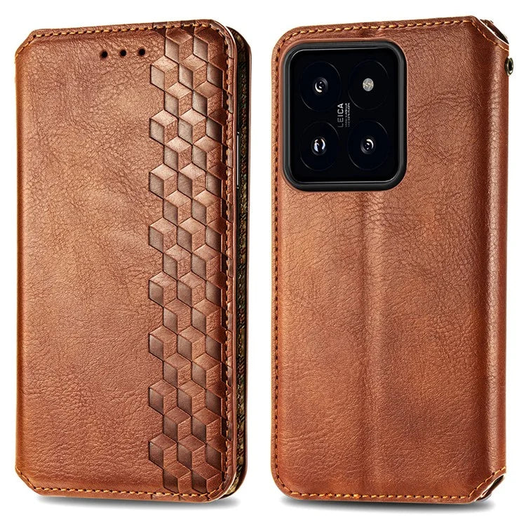 For Xiaomi 14 Magnetic Phone Case Rhombus Pattern Wallet Card Holder Cover