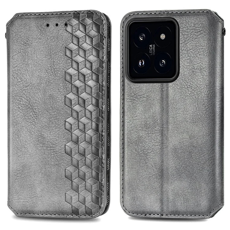 For Xiaomi 14 Magnetic Phone Case Rhombus Pattern Wallet Card Holder Cover