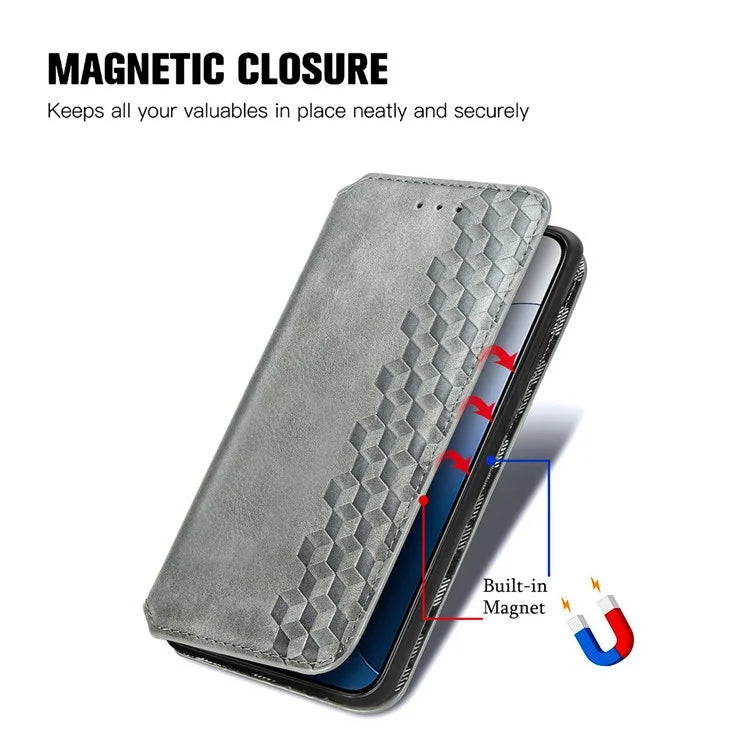 For Xiaomi 14 Magnetic Phone Case Rhombus Pattern Wallet Card Holder Cover
