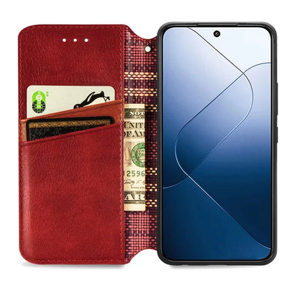 For Xiaomi 14 Magnetic Phone Case Rhombus Pattern Wallet Card Holder Cover