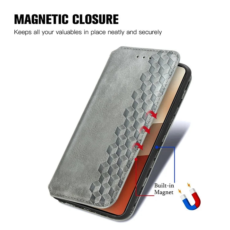 For Xiaomi Redmi Note 13 Pro 5G / Poco X6 5G Magnetic Case Card Holder Rhombus Imprinted Phone Cover