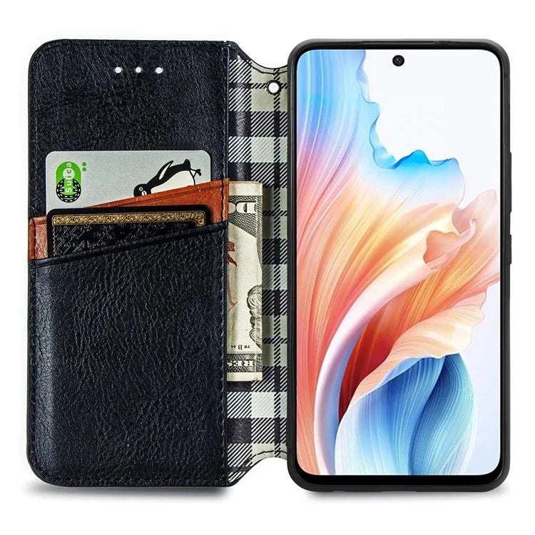 For Oppo A79 5G / A2 5G Magnetic Case Wallet Leather Phone Cover with Rhombus Pattern