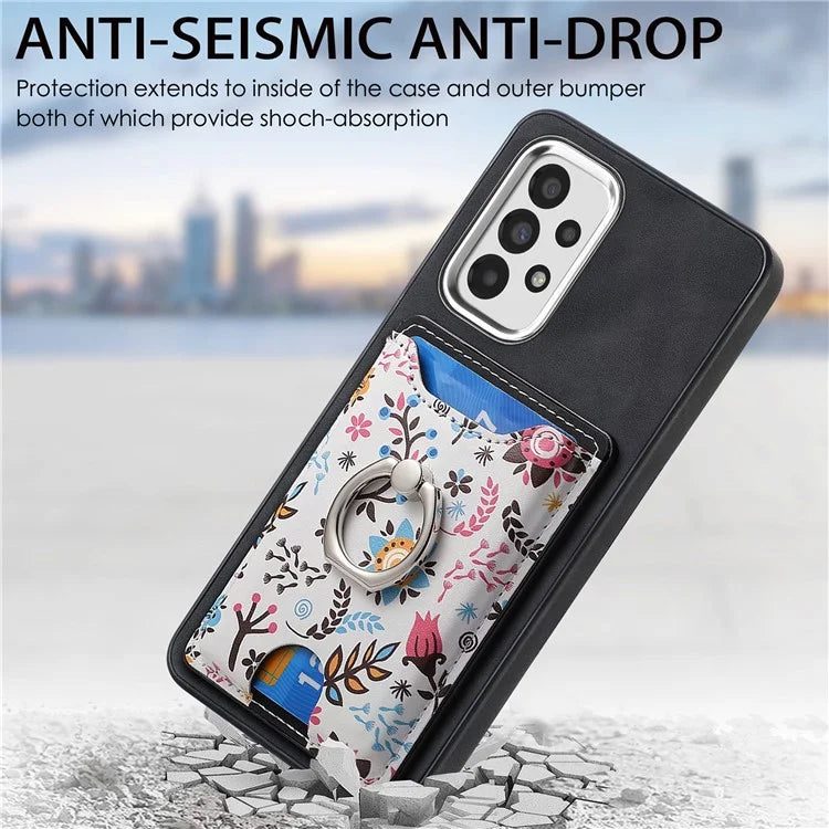 E4 for Samsung Galaxy A13 4G Pattern Card Slot Case Skin-touch Phone Cover Ring Holder