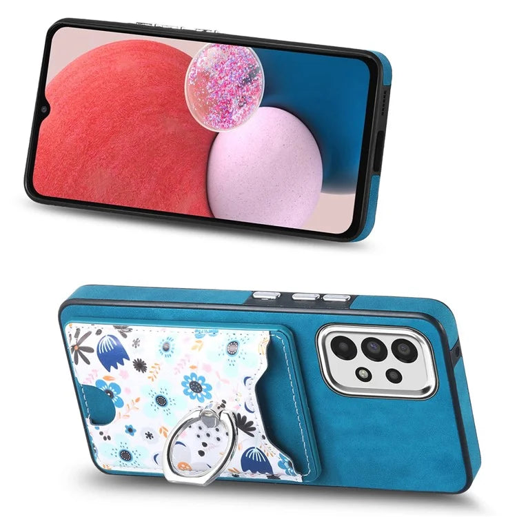 E4 for Samsung Galaxy A13 4G Pattern Card Slot Case Skin-touch Phone Cover Ring Holder