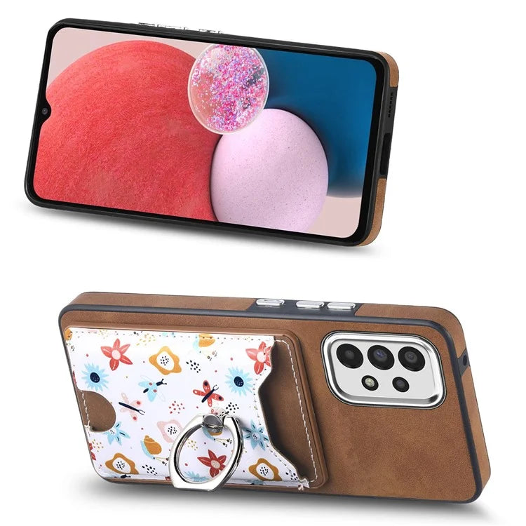 E4 for Samsung Galaxy A13 4G Pattern Card Slot Case Skin-touch Phone Cover Ring Holder