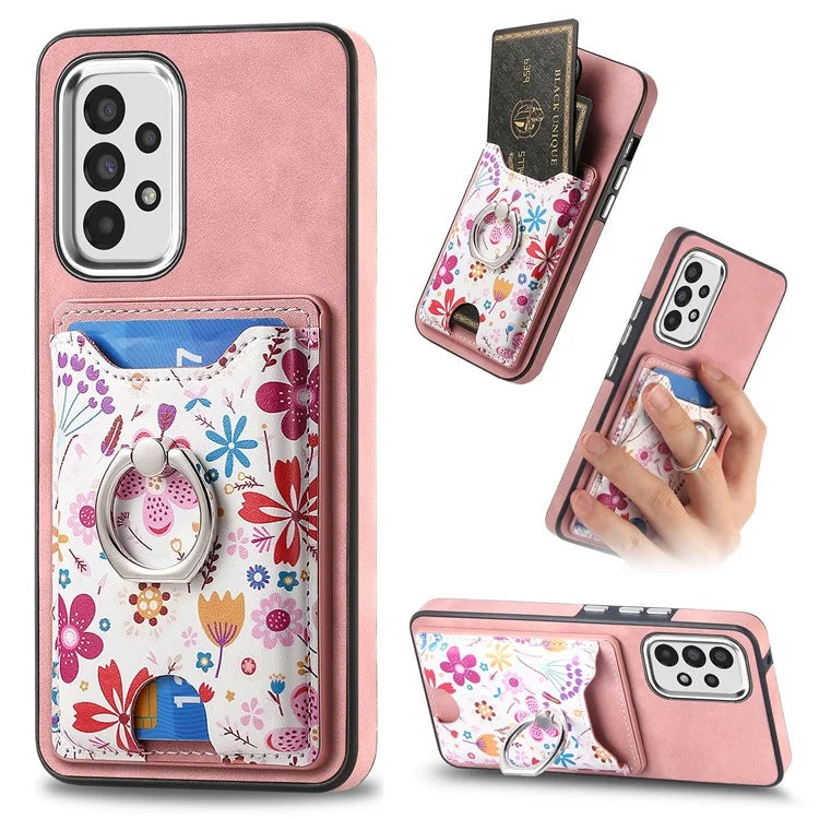E4 for Samsung Galaxy A13 4G Pattern Card Slot Case Skin-touch Phone Cover Ring Holder
