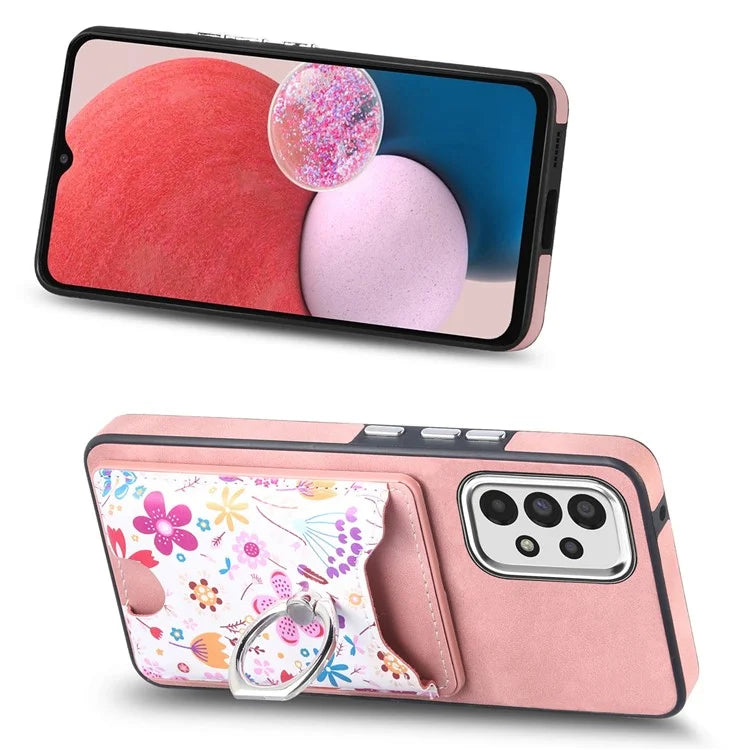 E4 for Samsung Galaxy A13 4G Pattern Card Slot Case Skin-touch Phone Cover Ring Holder
