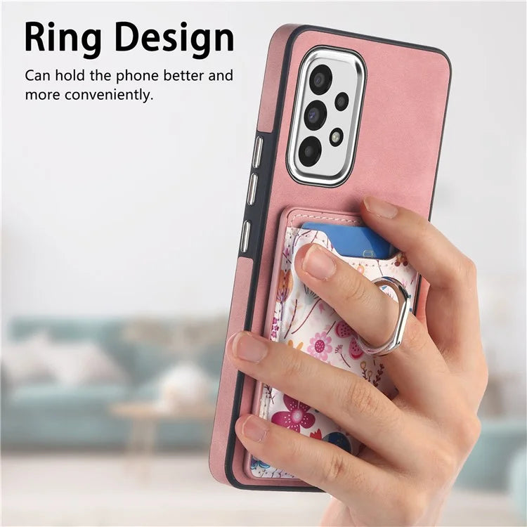 E4 for Samsung Galaxy A13 4G Pattern Card Slot Case Skin-touch Phone Cover Ring Holder