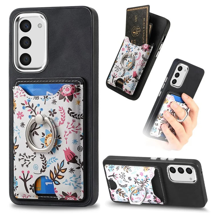 E4 for Samsung Galaxy S23 Phone Case with Ring Holder Card Slots Electroplated Lens Frame