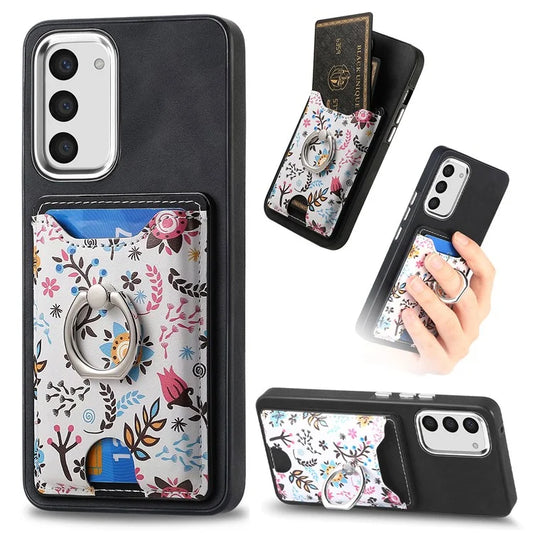 E4 for Samsung Galaxy S23 Phone Case with Ring Holder Card Slots Electroplated Lens Frame