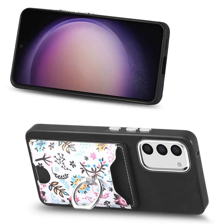 E4 for Samsung Galaxy S23 Phone Case with Ring Holder Card Slots Electroplated Lens Frame