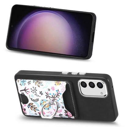 E4 for Samsung Galaxy S23 Phone Case with Ring Holder Card Slots Electroplated Lens Frame