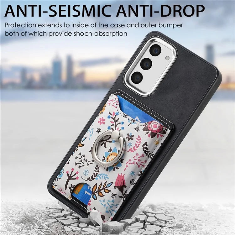 E4 for Samsung Galaxy S23 Phone Case with Ring Holder Card Slots Electroplated Lens Frame