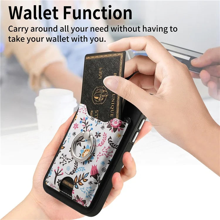 E4 for Samsung Galaxy S23 Phone Case with Ring Holder Card Slots Electroplated Lens Frame