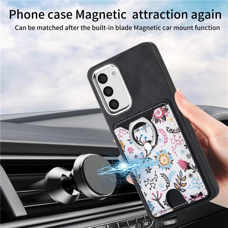 E4 for Samsung Galaxy S23 Phone Case with Ring Holder Card Slots Electroplated Lens Frame