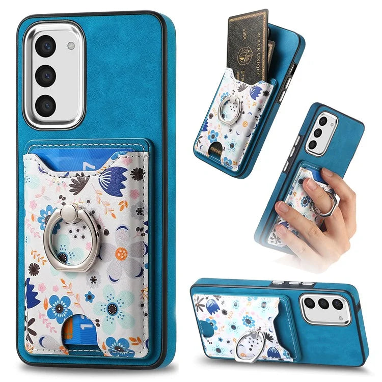 E4 for Samsung Galaxy S23 Phone Case with Ring Holder Card Slots Electroplated Lens Frame