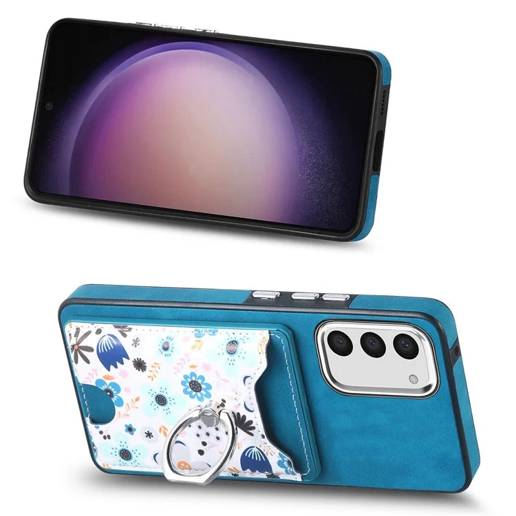 E4 for Samsung Galaxy S23 Phone Case with Ring Holder Card Slots Electroplated Lens Frame