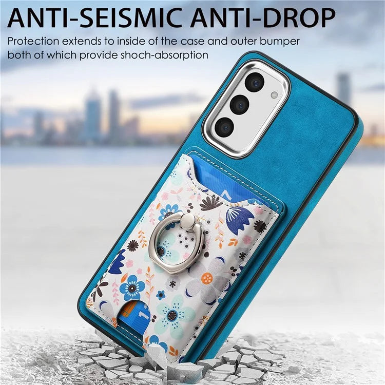 E4 for Samsung Galaxy S23 Phone Case with Ring Holder Card Slots Electroplated Lens Frame