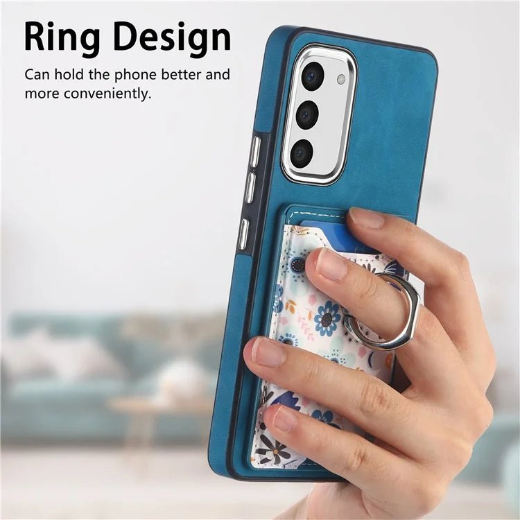 E4 for Samsung Galaxy S23 Phone Case with Ring Holder Card Slots Electroplated Lens Frame