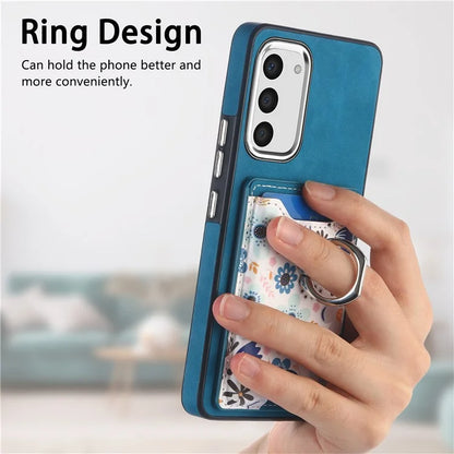 E4 for Samsung Galaxy S23 Phone Case with Ring Holder Card Slots Electroplated Lens Frame