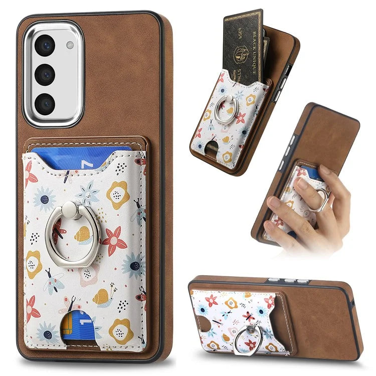 E4 for Samsung Galaxy S23 Phone Case with Ring Holder Card Slots Electroplated Lens Frame