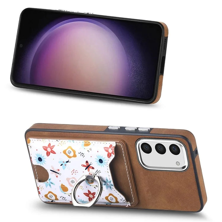 E4 for Samsung Galaxy S23 Phone Case with Ring Holder Card Slots Electroplated Lens Frame