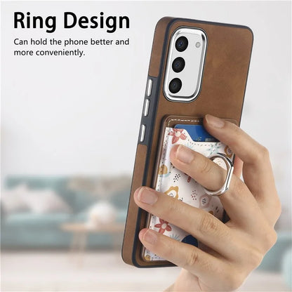 E4 for Samsung Galaxy S23 Phone Case with Ring Holder Card Slots Electroplated Lens Frame
