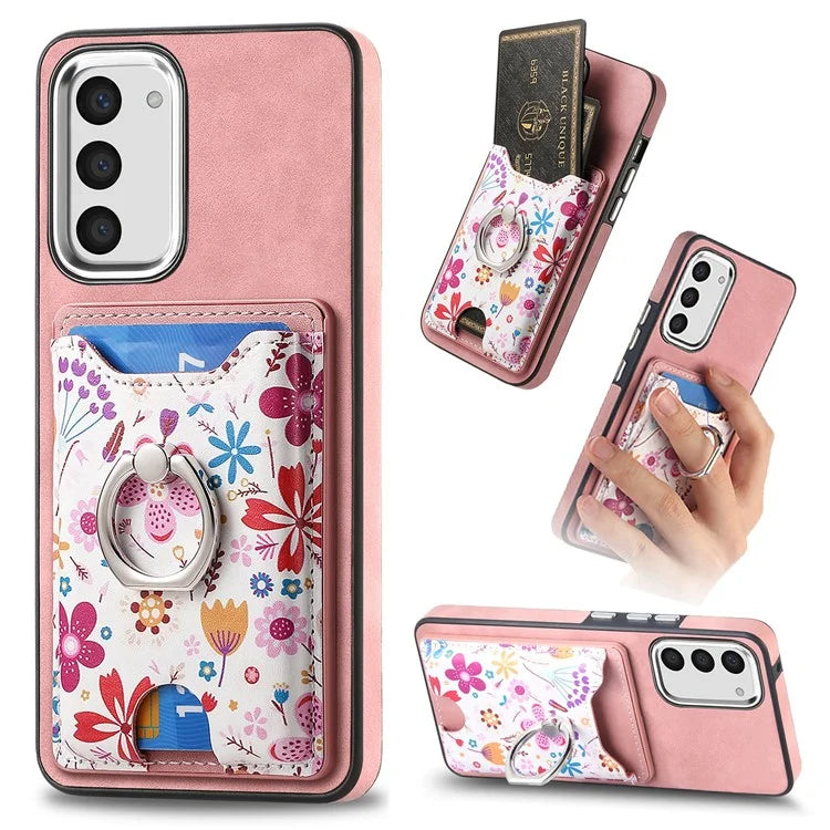 E4 for Samsung Galaxy S23 Phone Case with Ring Holder Card Slots Electroplated Lens Frame