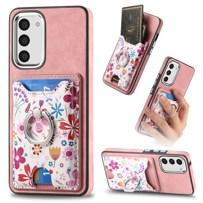 E4 for Samsung Galaxy S23 Phone Case with Ring Holder Card Slots Electroplated Lens Frame