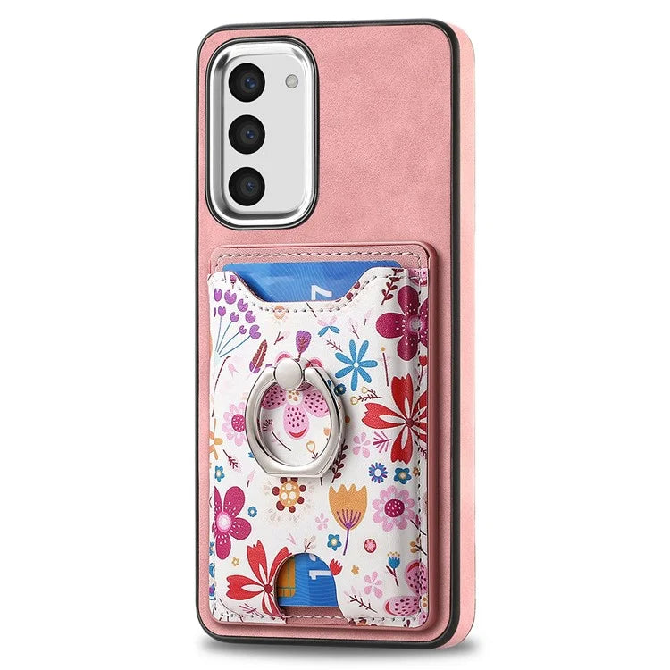 E4 for Samsung Galaxy S23 Phone Case with Ring Holder Card Slots Electroplated Lens Frame