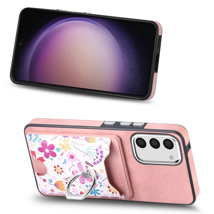 E4 for Samsung Galaxy S23 Phone Case with Ring Holder Card Slots Electroplated Lens Frame
