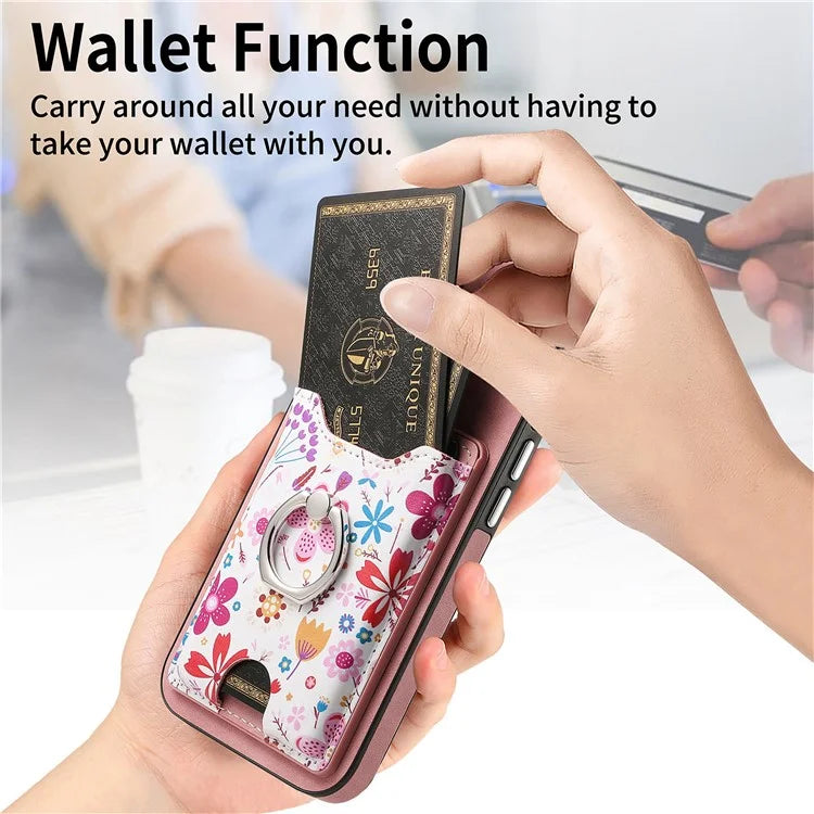 E4 for Samsung Galaxy S23 Phone Case with Ring Holder Card Slots Electroplated Lens Frame