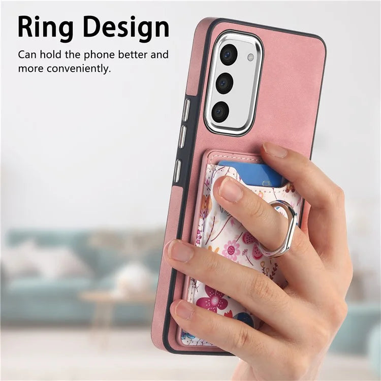 E4 for Samsung Galaxy S23 Phone Case with Ring Holder Card Slots Electroplated Lens Frame