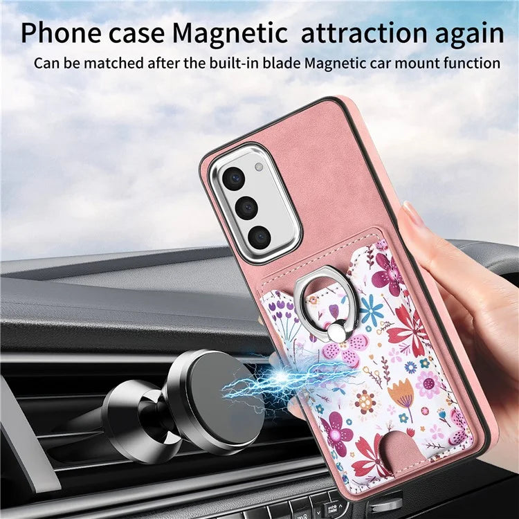 E4 for Samsung Galaxy S23 Phone Case with Ring Holder Card Slots Electroplated Lens Frame