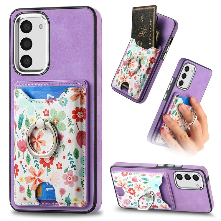 E4 for Samsung Galaxy S23 Phone Case with Ring Holder Card Slots Electroplated Lens Frame