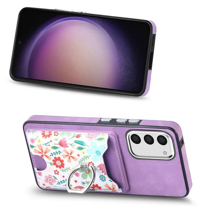 E4 for Samsung Galaxy S23 Phone Case with Ring Holder Card Slots Electroplated Lens Frame