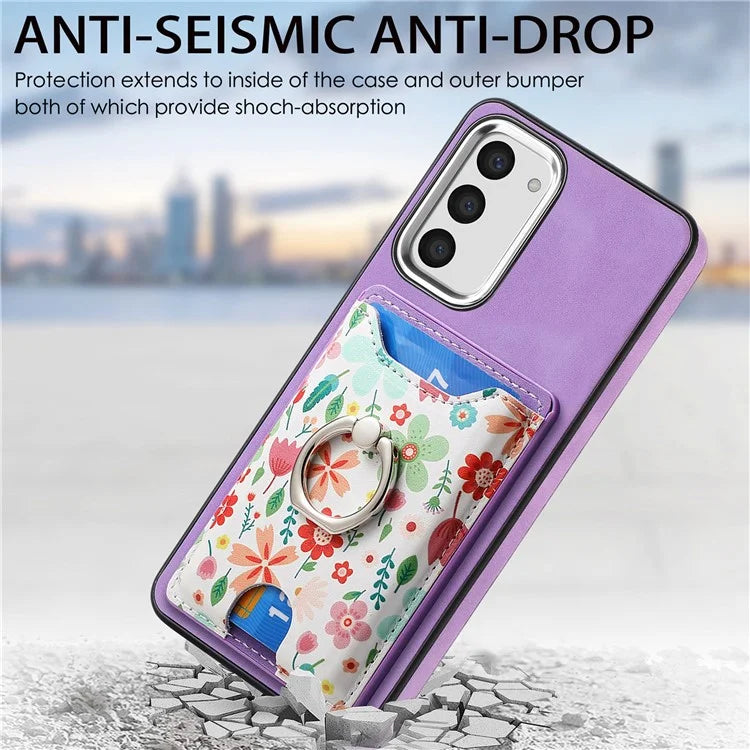E4 for Samsung Galaxy S23 Phone Case with Ring Holder Card Slots Electroplated Lens Frame