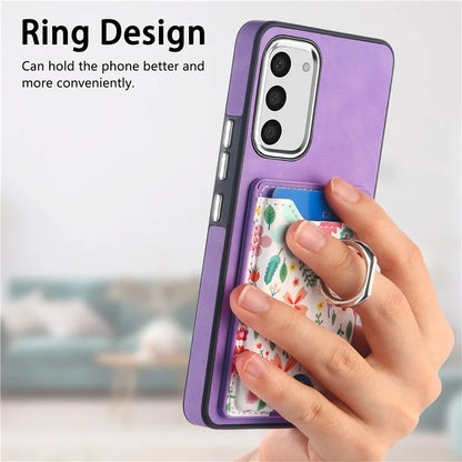 E4 for Samsung Galaxy S23 Phone Case with Ring Holder Card Slots Electroplated Lens Frame