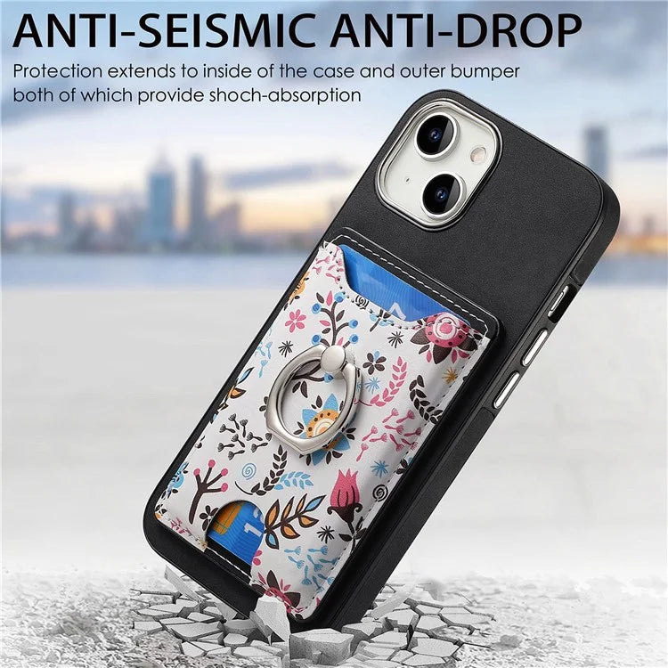 E4 for iPhone 14 Phone Case Anit-Fall Kickstand Back Cover Pattern Card Holder