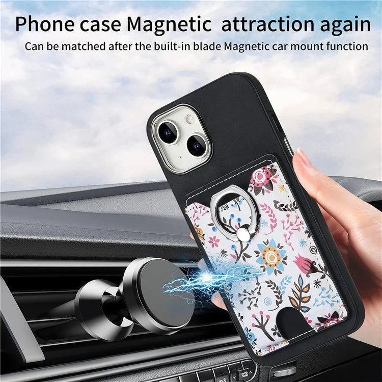 E4 for iPhone 14 Phone Case Anit-Fall Kickstand Back Cover Pattern Card Holder