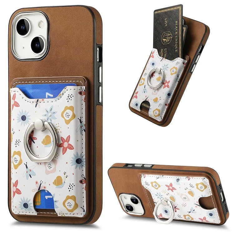 E4 for iPhone 14 Phone Case Anit-Fall Kickstand Back Cover Pattern Card Holder