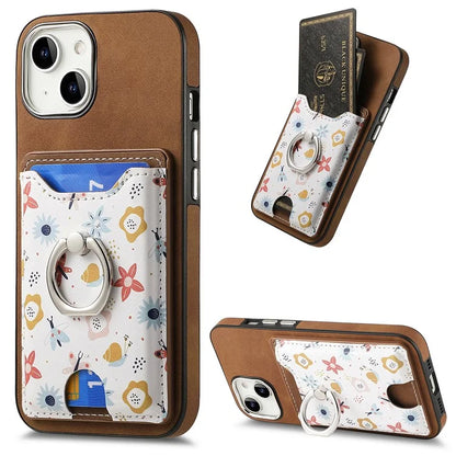 E4 for iPhone 14 Phone Case Anit-Fall Kickstand Back Cover Pattern Card Holder