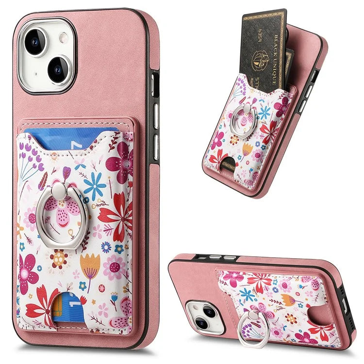 E4 for iPhone 14 Phone Case Anit-Fall Kickstand Back Cover Pattern Card Holder